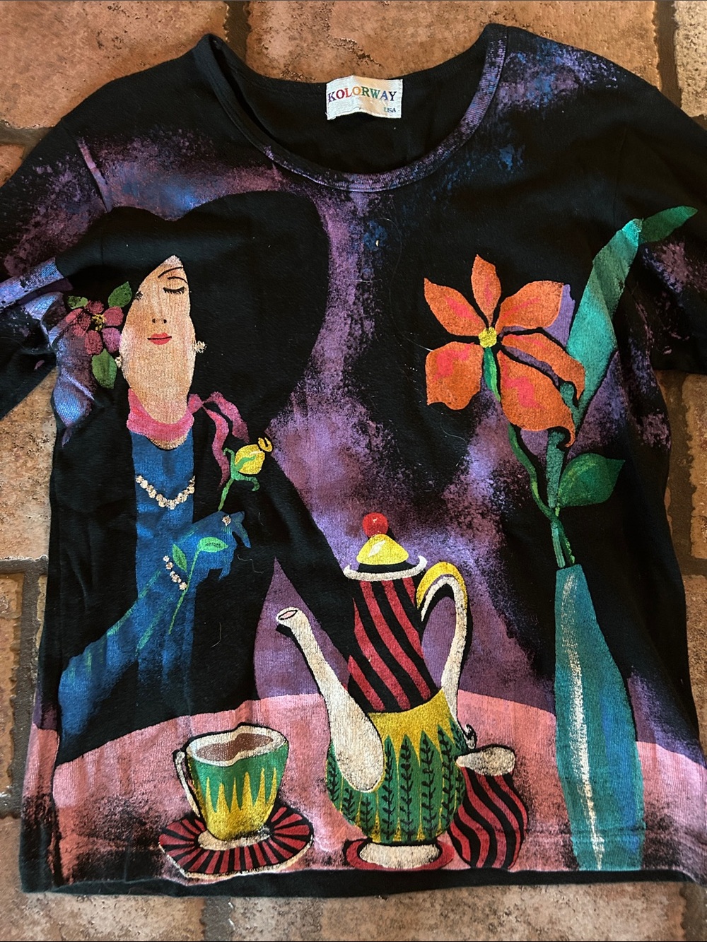 Kolor Black Long-Sleeve Tee with Colorful Tea-Party Motif